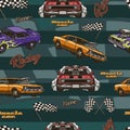 American muscle cars colorful seamless pattern