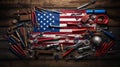 American National Holiday US Flags with American stars Construction and manufacturing tools Labor Day background, AI-Generated Royalty Free Stock Photo