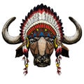 Portrait of buffalo, bison, bull, cow. Face of animal. Indian traditional headdress.