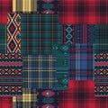 American native motifs and tartan plaid fabric patchwork Royalty Free Stock Photo