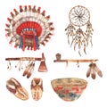 American native objects pictograms set watercolor Royalty Free Stock Photo