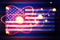 American nuclear bomb, nuclear test. Atom nuclear model on united states scratched Flag. 3d illustration