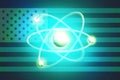 American nuclear bomb, nuclear test. Atom nuclear model on united states scratched Flag. 3d illustration