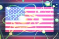 American nuclear bomb, nuclear test. Atom nuclear model on united states scratched Flag. 3d illustration
