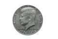 American old coin worth half dollar US with John Kennedy portrait. Extreme close up macro shot. isolated on white