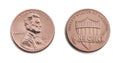 american one cent, USA 1 c, bronze coin isolate on white background. Abraham Lincoln on copper coin realistic photo image - both