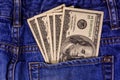 American one hundred dollar banknotes in a pocket of blue jeans Royalty Free Stock Photo