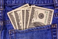 American one hundred dollar banknotes in a pocket of blue jeans Royalty Free Stock Photo