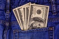 American one hundred dollar banknotes in a pocket of blue jeans Royalty Free Stock Photo