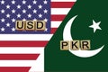 American and Pakistani currencies codes on national flags background