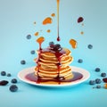 American pancake with jam and frozen raspberry on blue background