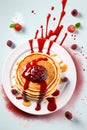 American pancake with jam and frozen raspberry on white background