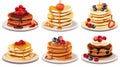 The American pancake stacks, sweet crepes set. Pancakes with jam, fruits, berries, maple syrup, chocolate topping, honey Royalty Free Stock Photo