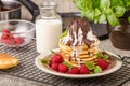 American pancakes with icecream and chocolate Royalty Free Stock Photo