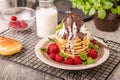 American pancakes with icecream and chocolate Royalty Free Stock Photo