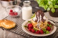 American pancakes with icecream and chocolate Royalty Free Stock Photo