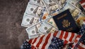 American Passport Close Up american dollars money of USA Flag Royalty Free Stock Photo