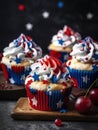 American patriotic cupcakes with cherries and stars on dark background. generated ai Royalty Free Stock Photo