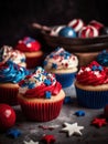 American patriotic cupcakes with cherries and stars on dark background. generated ai. Royalty Free Stock Photo