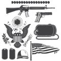 American patriotic elements set. Weapons, armor, flag, seal. Typographic labels,stickers, logos and badges.