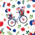 American patriotic floral blue biki with american flags, crackers and balloons seamless pattern on white background