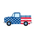 American patriotic retro truck. Independence Day truck. Vintage pickup. Vector template for greeting card, banner