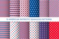 12 American patriotic seamless patterns. USA traditional stars and stripes background set. Red blue white backdrop Royalty Free Stock Photo