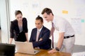 American people business team having using laptop during a meeting and presents. Royalty Free Stock Photo