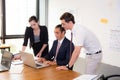 American people business team having using laptop during a meeting and presents. Royalty Free Stock Photo