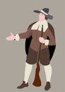 The American pilgrim, vector illustration by Thanksgiving Day. The man in a traditional suit and gun.