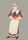 The American pilgrim, vector illustration by Thanksgiving Day. Woman the pilgrim in a traditional suit with basket of fruit.