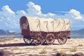 American Pioneers Wagon with Tent, Old Wooden Emigrant Carriage, Wild West Cart Flat Royalty Free Stock Photo