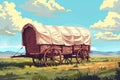 American Pioneers Wagon with Tent, Old Wooden Emigrant Carriage, Wild West Cart Flat Royalty Free Stock Photo