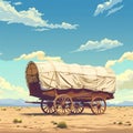 American Pioneers Wagon with Tent, Old Wooden Emigrant Carriage, Wild West Cart Flat Royalty Free Stock Photo