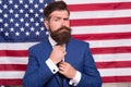 American politician in the election. his election campaign. Bearded businessman being patriotic for usa. American