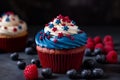 American red velvet cupcake in color USA flag on dark background. Food for Patriotic Independence Day. Generative AI.