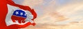 American Republican party, USA flag waving at sky background on sunset, panoramic view. copy space for wide banner. 3d