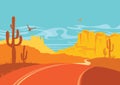 American road in desert in sun day with blue sky. Vector Arizona prairie landscape Royalty Free Stock Photo