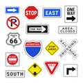 American road signs collection vector flat traffic caution signboard information messages Royalty Free Stock Photo