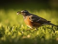 An American Robin take the bait in grass generate by AI