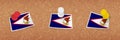 American Samoa flag pinned in cork board, three versions of American Samoa flag