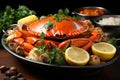 American seafood dish: boiled crabs and shrimp with corn