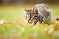 american shorthair in mid pounce over grass