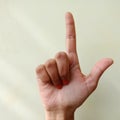 american sign language alphabet letter L displayed with isolated hand on light background