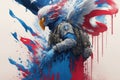 American soldier - an eagle, in a military uniform with a backpack. Poster in the style of splash art Royalty Free Stock Photo