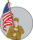 American Soldier Holding USA Flag Circle Drawing Royalty Free Stock Photo