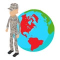 American soldier icon isometric vector. Soldier on mainland america background