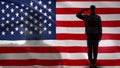 American soldier silhouette saluting against national flag, military forces