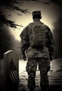 An American soldier stands in front of the grave of his brother, a war veteran. AI Generated
