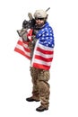 American soldier in uniform with usa flag on a white background, commando with weapons hero of america Royalty Free Stock Photo